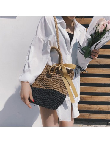 Women Beach Shoulder Bag Straw Handmade Splice Color Ribbon Youth Portable Holiday Summer Woven Bag Grey/Camel