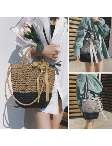 Women Beach Shoulder Bag Straw Handmade Splice Color Ribbon Youth Portable Holiday Summer Woven Bag Grey/Camel