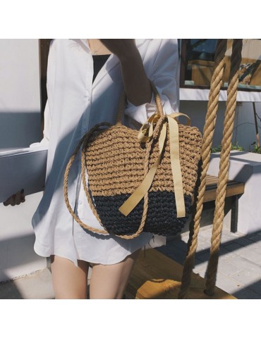 Women Beach Shoulder Bag Straw Handmade Splice Color Ribbon Youth Portable Holiday Summer Woven Bag Grey/Camel