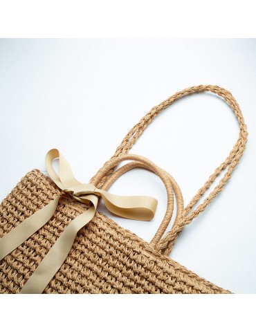 Women Beach Shoulder Bag Straw Handmade Splice Color Ribbon Youth Portable Holiday Summer Woven Bag Grey/Camel