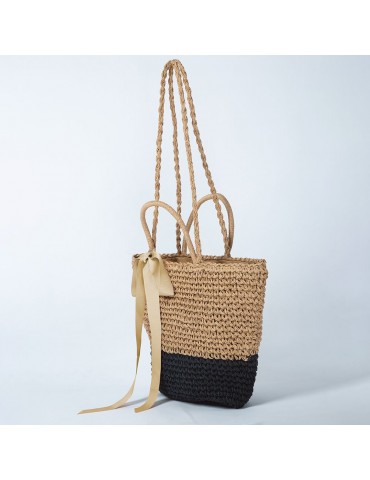 Women Beach Shoulder Bag Straw Handmade Splice Color Ribbon Youth Portable Holiday Summer Woven Bag Grey/Camel