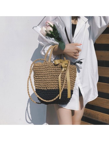 Women Beach Shoulder Bag Straw Handmade Splice Color Ribbon Youth Portable Holiday Summer Woven Bag Grey/Camel