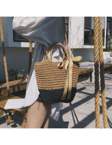 Women Beach Shoulder Bag Straw Handmade Splice Color Ribbon Youth Portable Holiday Summer Woven Bag Grey/Camel