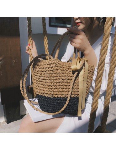 Women Beach Shoulder Bag Straw Handmade Splice Color Ribbon Youth Portable Holiday Summer Woven Bag Grey/Camel