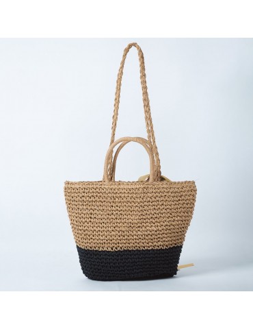 Women Beach Shoulder Bag Straw Handmade Splice Color Ribbon Youth Portable Holiday Summer Woven Bag Grey/Camel