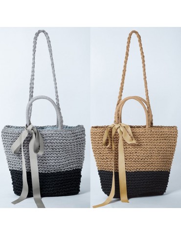 Women Beach Shoulder Bag Straw Handmade Splice Color Ribbon Youth Portable Holiday Summer Woven Bag Grey/Camel