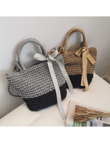 Women Beach Shoulder Bag Straw Handmade Splice Color Ribbon Youth Portable Holiday Summer Woven Bag Grey/Camel