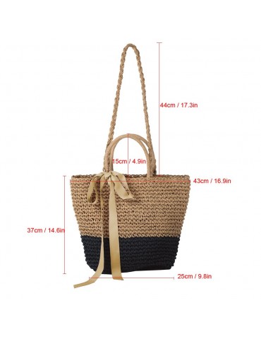 Women Beach Shoulder Bag Straw Handmade Splice Color Ribbon Youth Portable Holiday Summer Woven Bag Grey/Camel