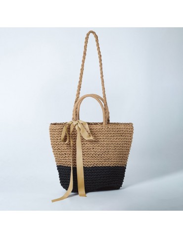 Women Beach Shoulder Bag Straw Handmade Splice Color Ribbon Youth Portable Holiday Summer Woven Bag Grey/Camel